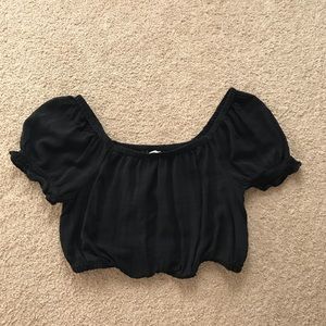 Square Neck Puff Sleeve Black Crop Top